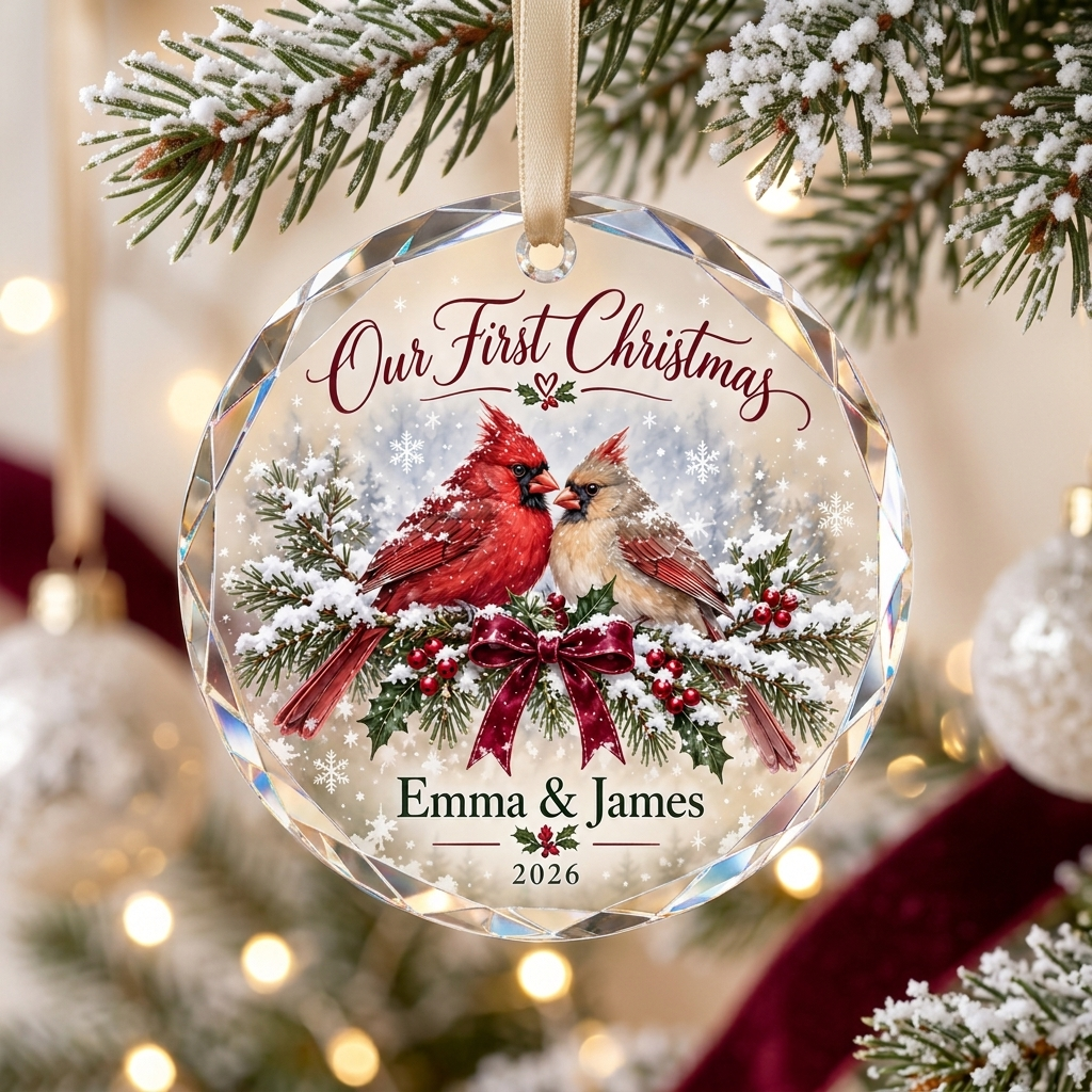 Personalized First Christmas Couple Glass Ornament - Custom Names Cardinal Keepsake