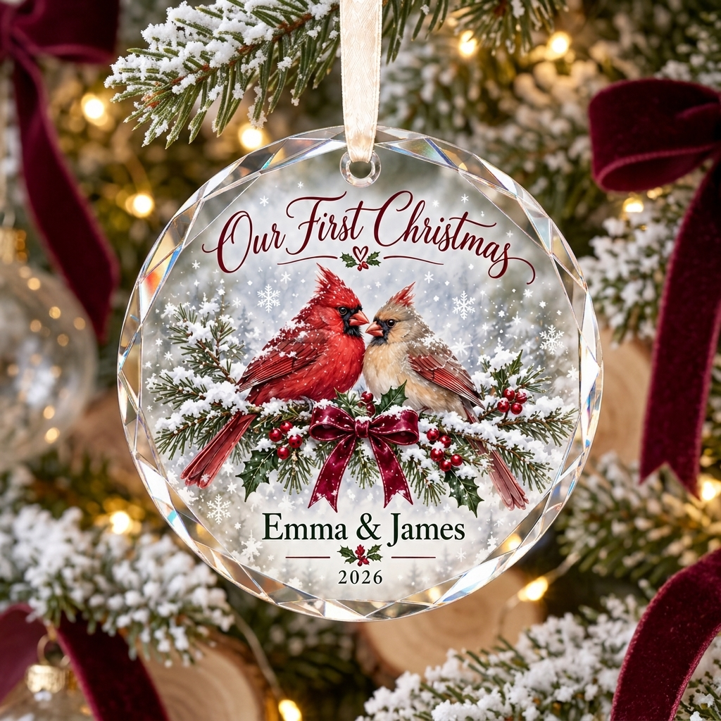 Personalized First Christmas Couple Glass Ornament - Custom Names Cardinal Keepsake