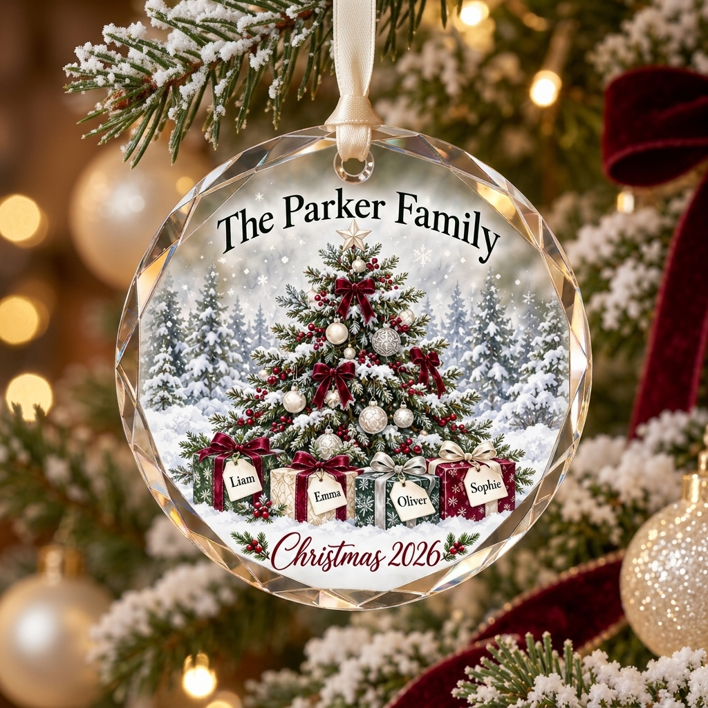 Personalized Family Christmas Tree Glass Ornament - Custom Names on Gift Tags