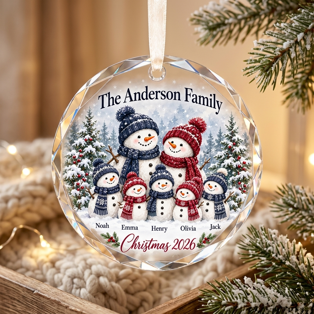 Personalized Snowman Family Glass Ornament - Custom Family Names Christmas Keepsake