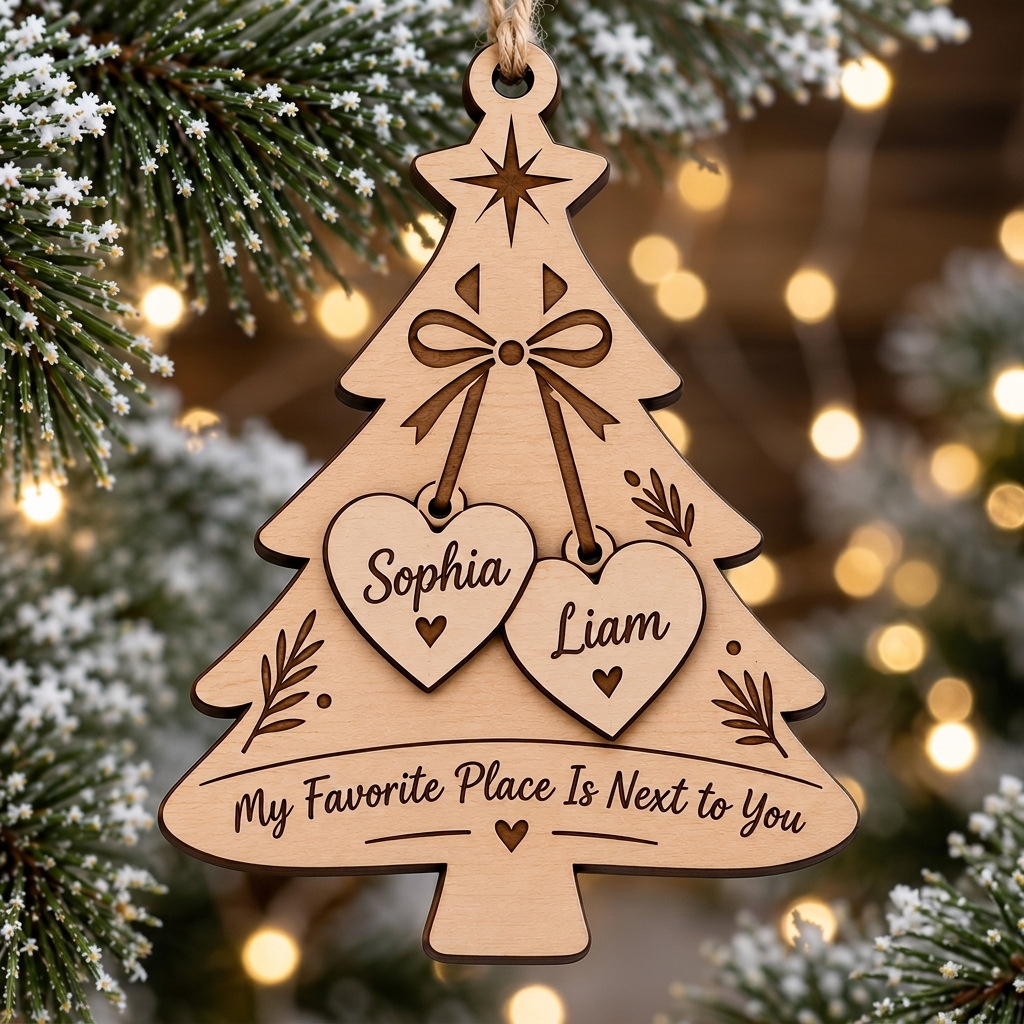 Personalized Couples Christmas Ornament - Two Names Hanging Hearts Wood Tree