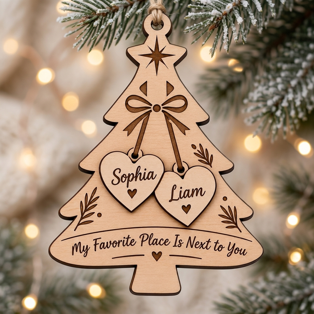 Personalized Couples Christmas Ornament - Two Names Hanging Hearts Wood Tree