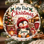 Personalized Penguin Baby First Christmas Ornament - Custom Name Glass Bauble 2026