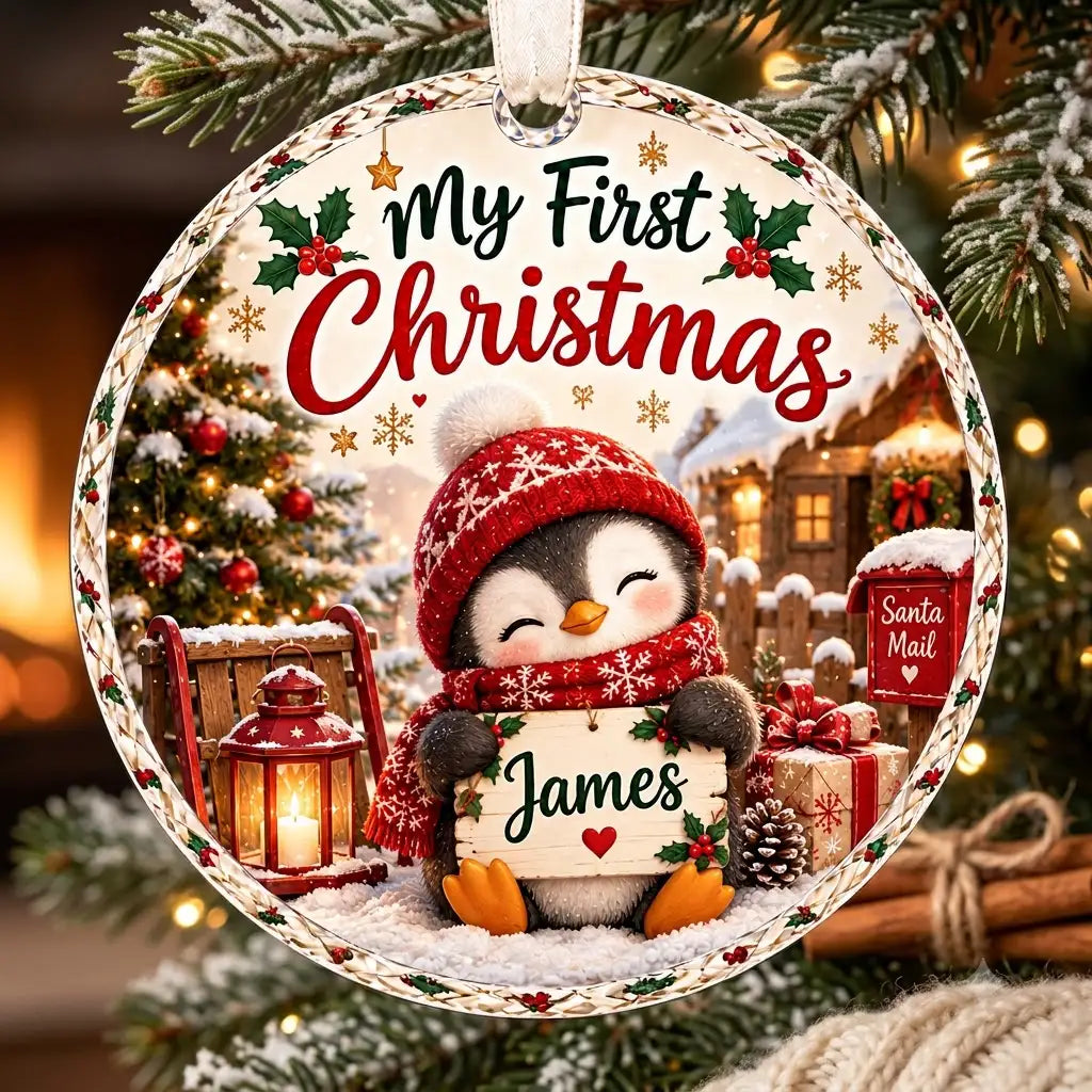 Personalized Penguin Baby First Christmas Ornament - Custom Name Glass Bauble 2026