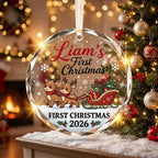 Custom Reindeer Sleigh Baby First Christmas Ornament - Personalized Beveled Glass 2026