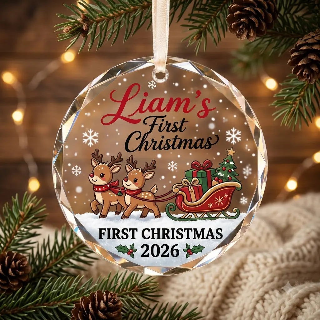 Custom Reindeer Sleigh Baby First Christmas Ornament - Personalized Beveled Glass 2026