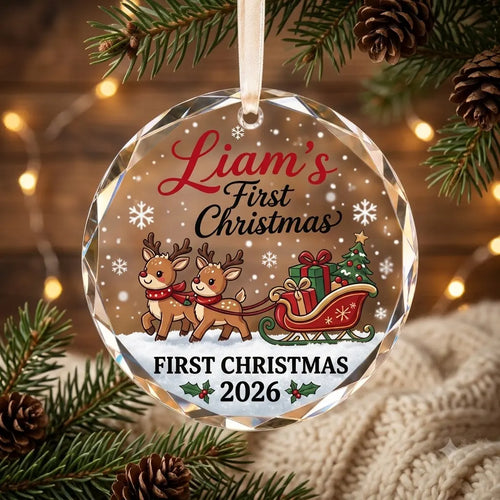 Custom Reindeer Sleigh Baby First Christmas Ornament - Personalized Beveled Glass 2026