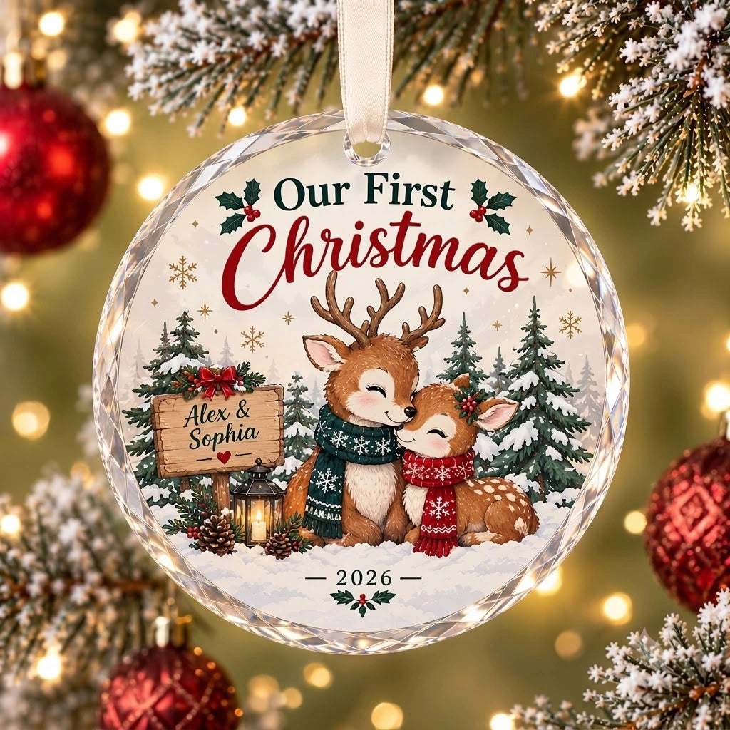 Custom Reindeer Couple Christmas Ornament - Personalized Name Crystal Glass