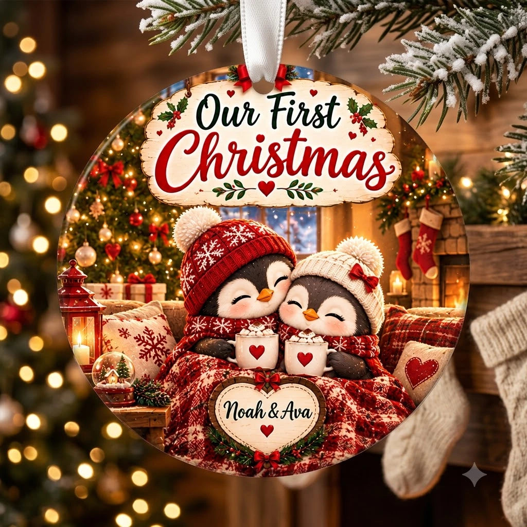 Personalized Penguin Couple Christmas Ornament - Custom Name Glass Tree Bauble 2026