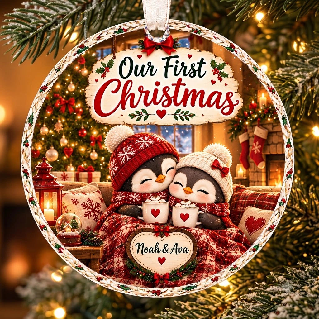 Personalized Penguin Couple Christmas Ornament - Custom Name Glass Tree Bauble 2026
