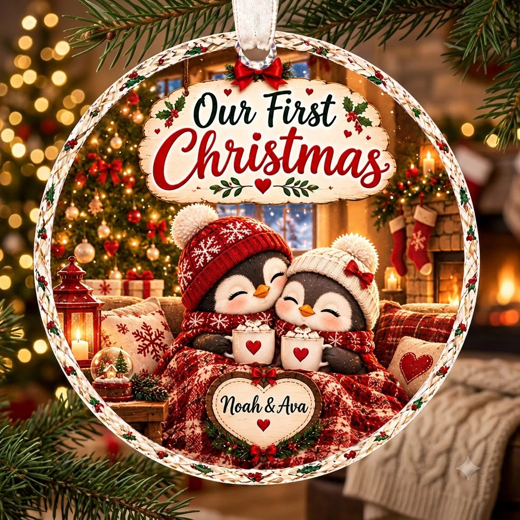 Personalized Penguin Couple Christmas Ornament - Custom Name Glass Tree Bauble 2026