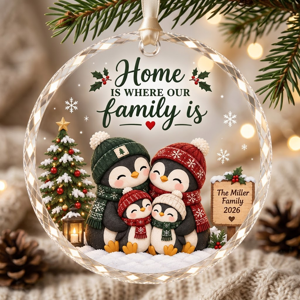 Personalized Penguin Family Christmas Ornament - Custom Name Glass Tree Bauble 2026