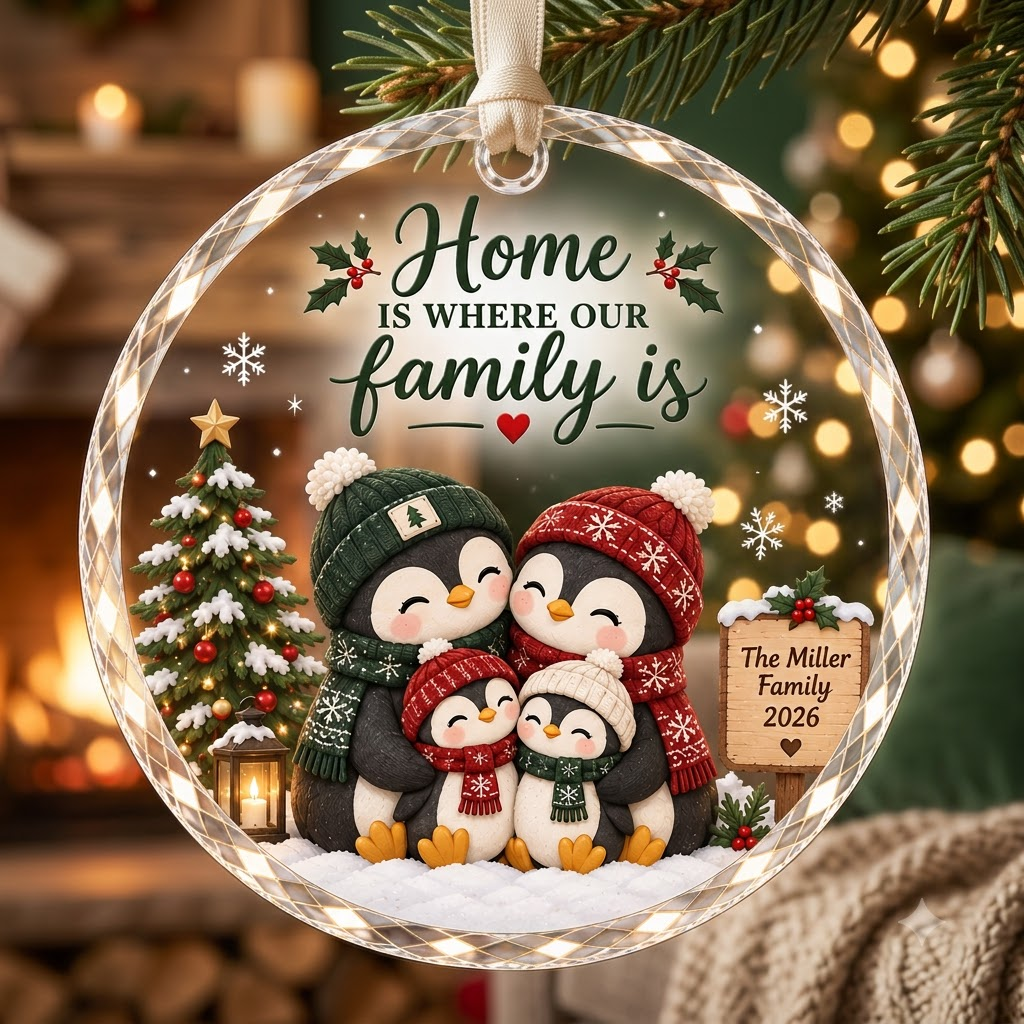Personalized Penguin Family Christmas Ornament - Custom Name Glass Tree Bauble 2026