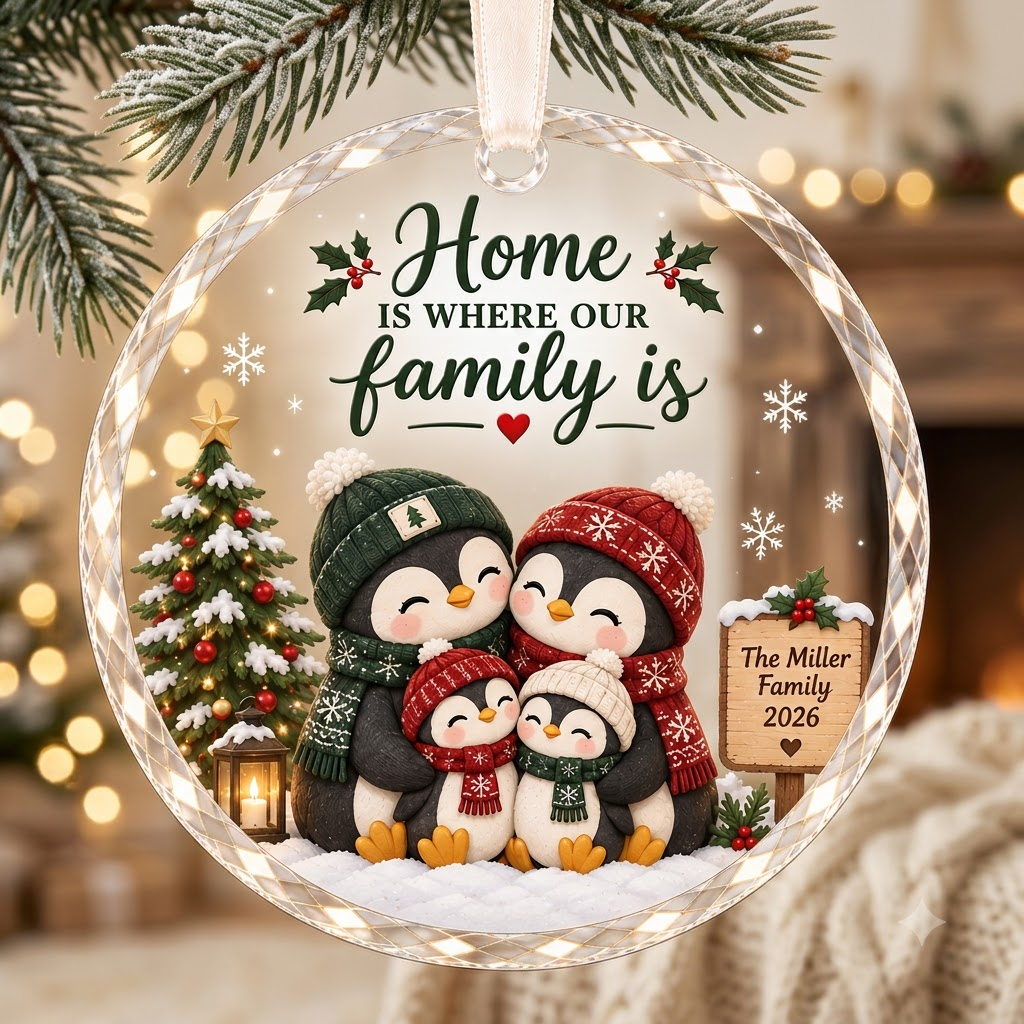 Personalized Penguin Family Christmas Ornament - Custom Name Glass Tree Bauble 2026