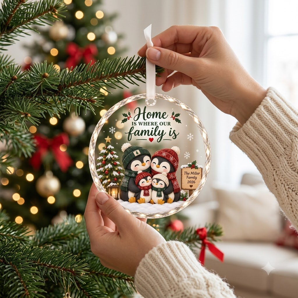 Personalized Penguin Family Christmas Ornament - Custom Name Glass Tree Bauble 2026