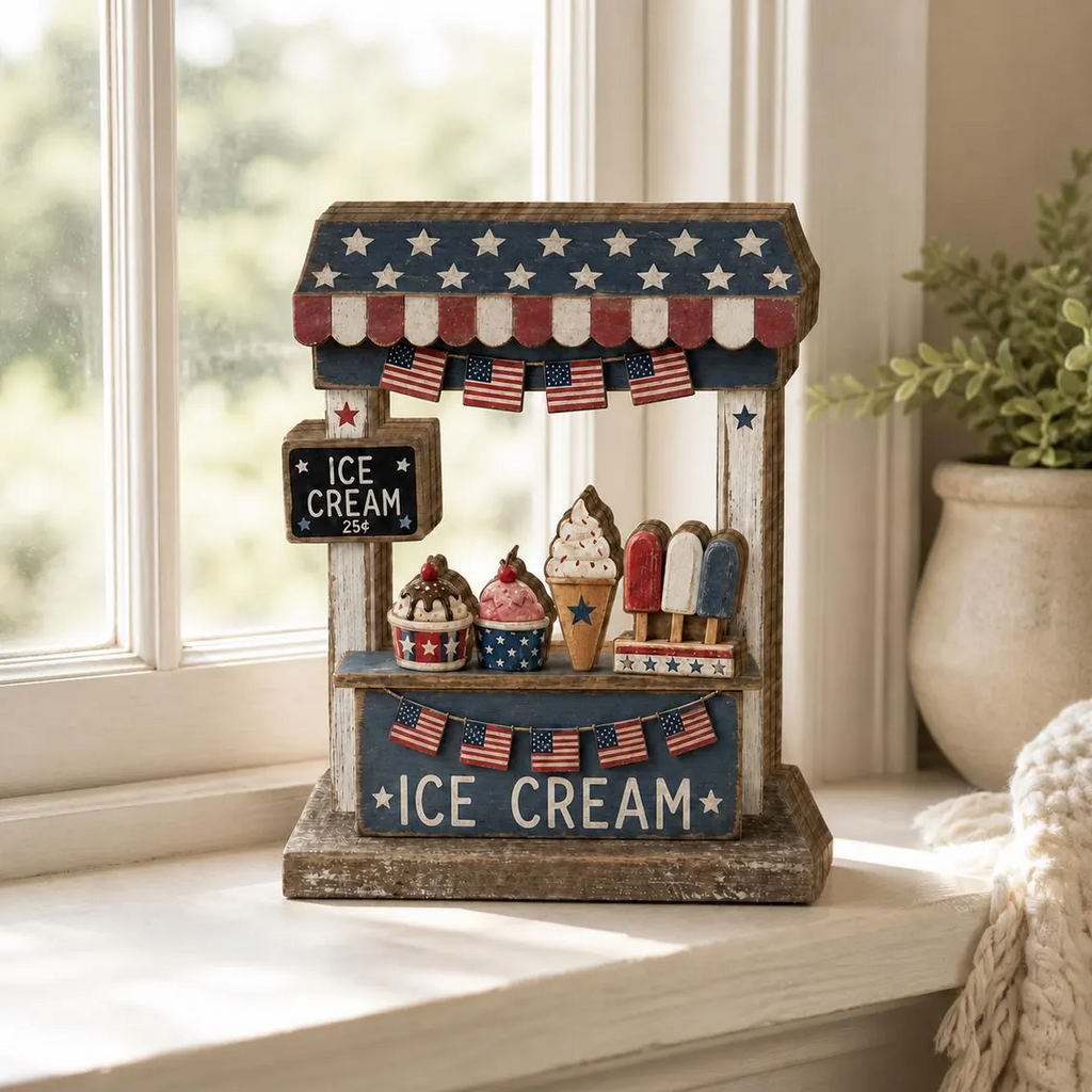 Patriotic Ice Cream Stand Wooden Block, 4th of July Decor, Americana Summer Shelf Decor, Red White Blue Tiered Tray Decor