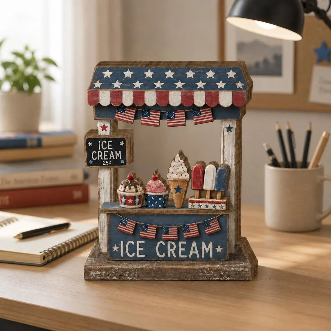 Patriotic Ice Cream Stand Wooden Block, 4th of July Decor, Americana Summer Shelf Decor, Red White Blue Tiered Tray Decor