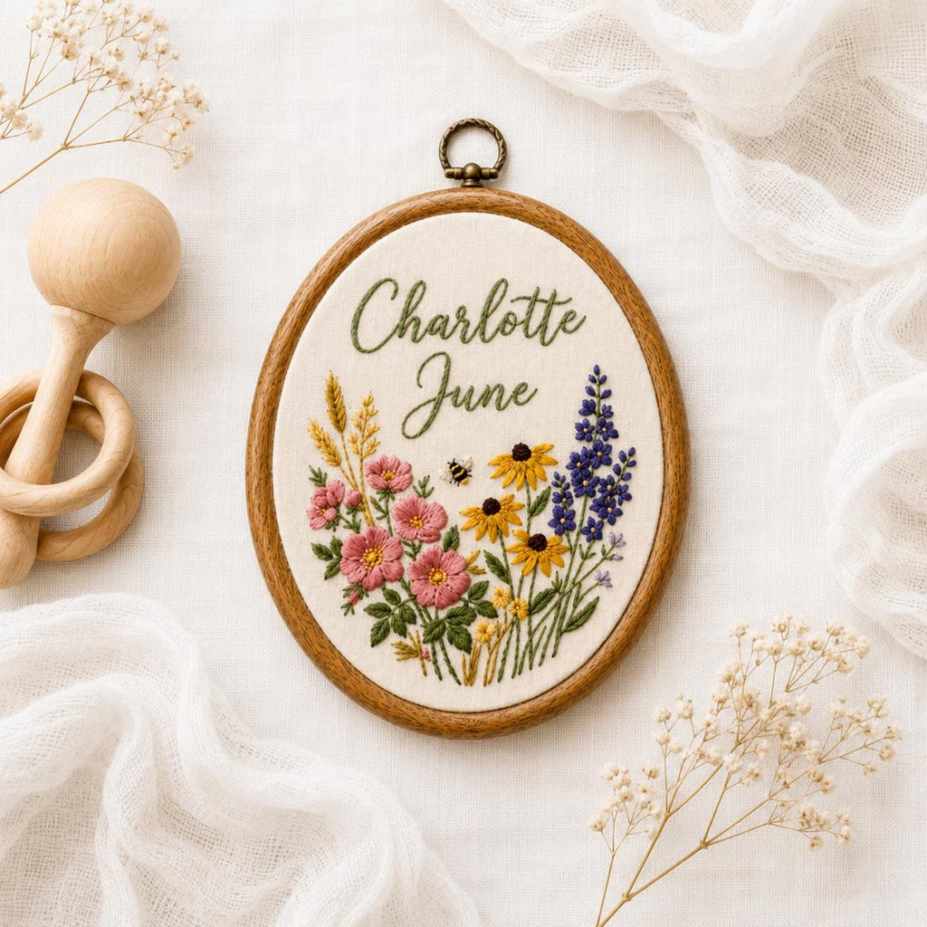 Personalized Wildflower Embroidery Hoop, Custom Baby Name Nursery Decor, Floral Birth Announcement Sign, Baby Shower Gift
