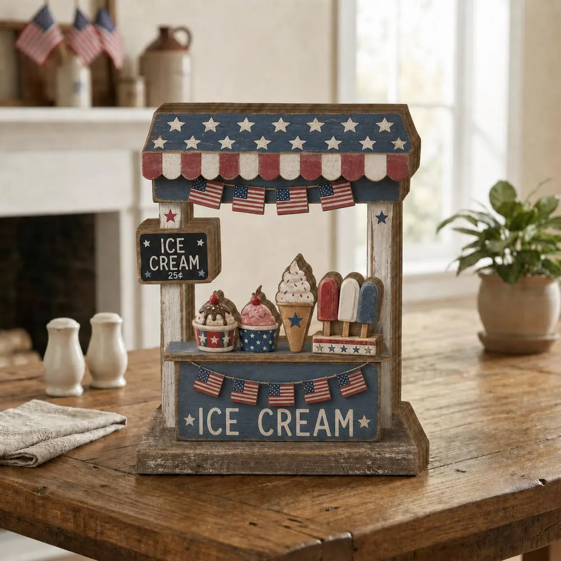 Patriotic Ice Cream Stand Wooden Block, 4th of July Decor, Americana Summer Shelf Decor, Red White Blue Tiered Tray Decor