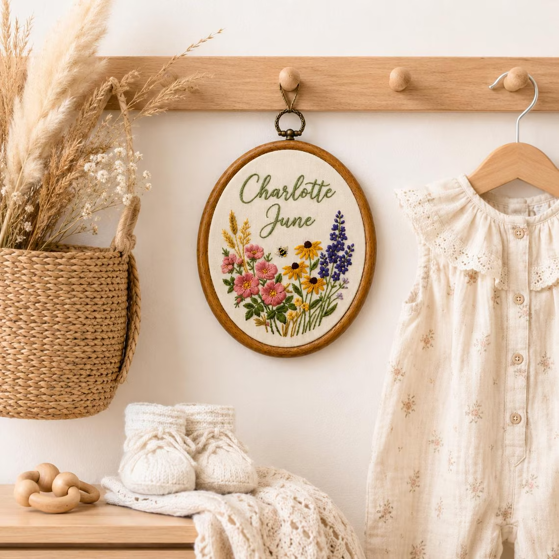 Personalized Wildflower Embroidery Hoop, Custom Baby Name Nursery Decor, Floral Birth Announcement Sign, Baby Shower Gift