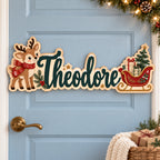 Personalized Reindeer & Sleigh Wooden Name Door Sign 2026 - Custom Name 3D Layered Christmas Decor