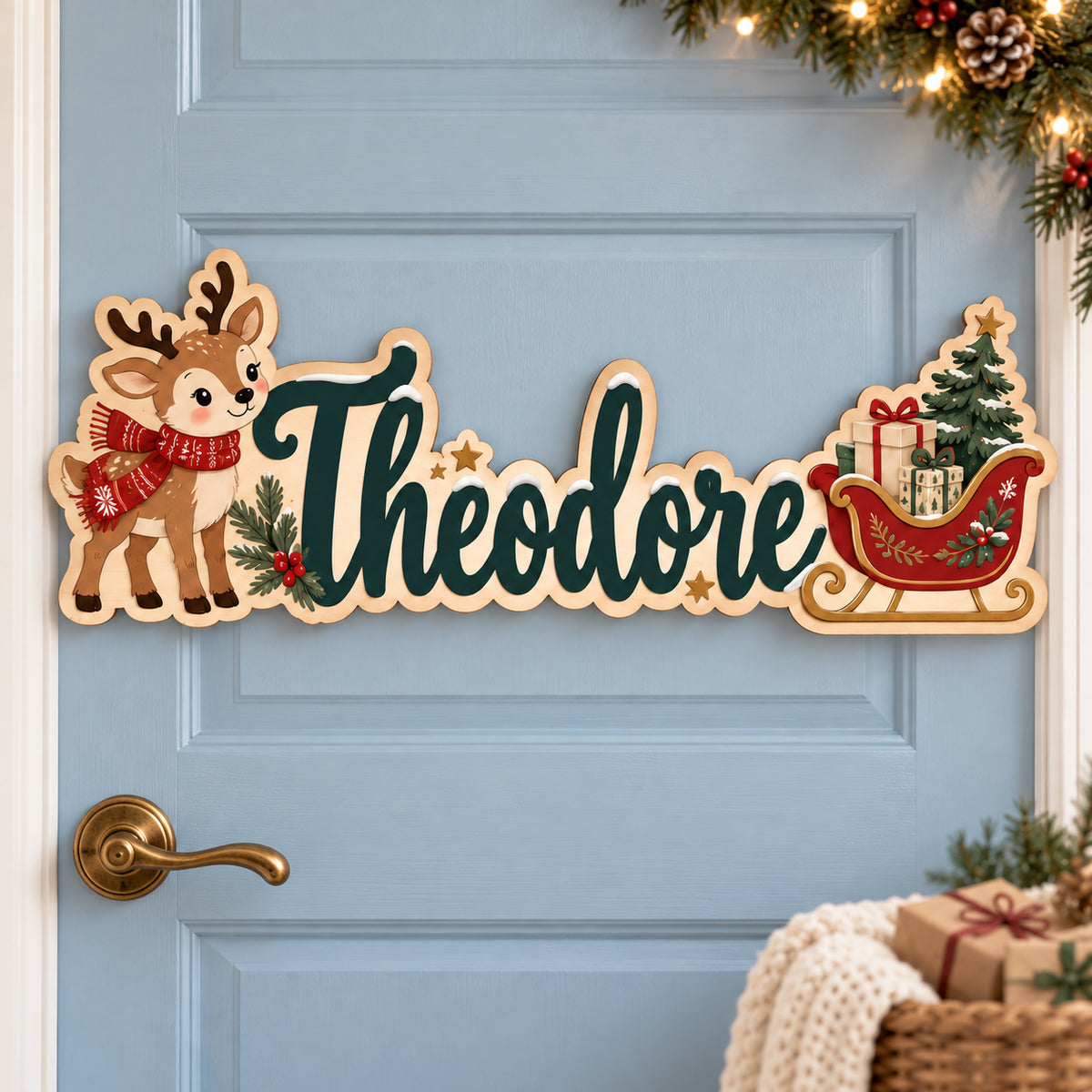 Personalized Reindeer & Sleigh Wooden Name Door Sign 2026 - Custom Name 3D Layered Christmas Decor