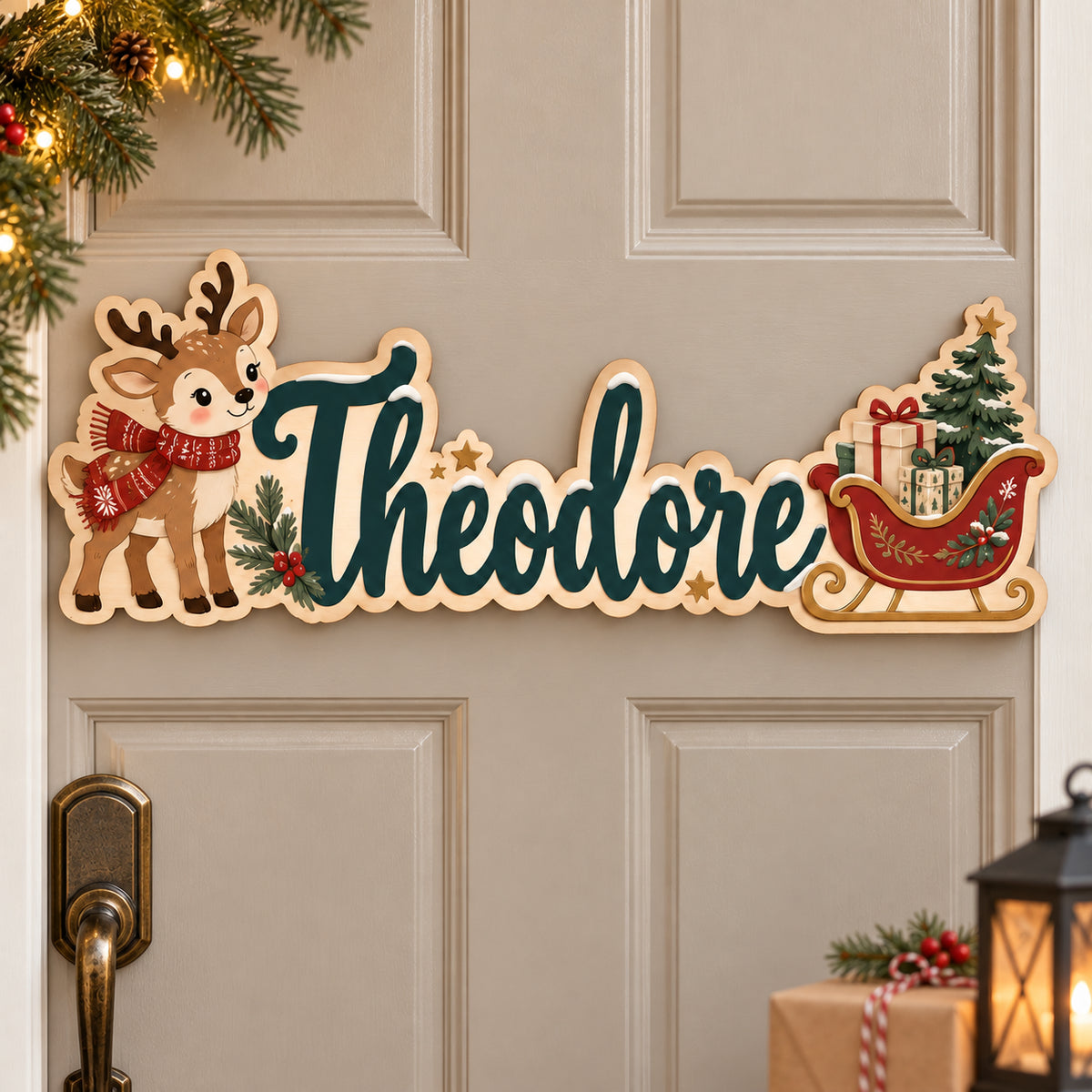 Personalized Reindeer & Sleigh Wooden Name Door Sign 2026 - Custom Name 3D Layered Christmas Decor